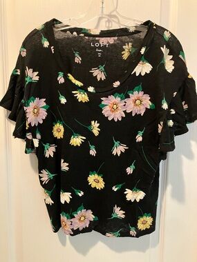 LOFT Black Floral Ruffle Short Sleeve Tee with Pink & Yellow Flowers